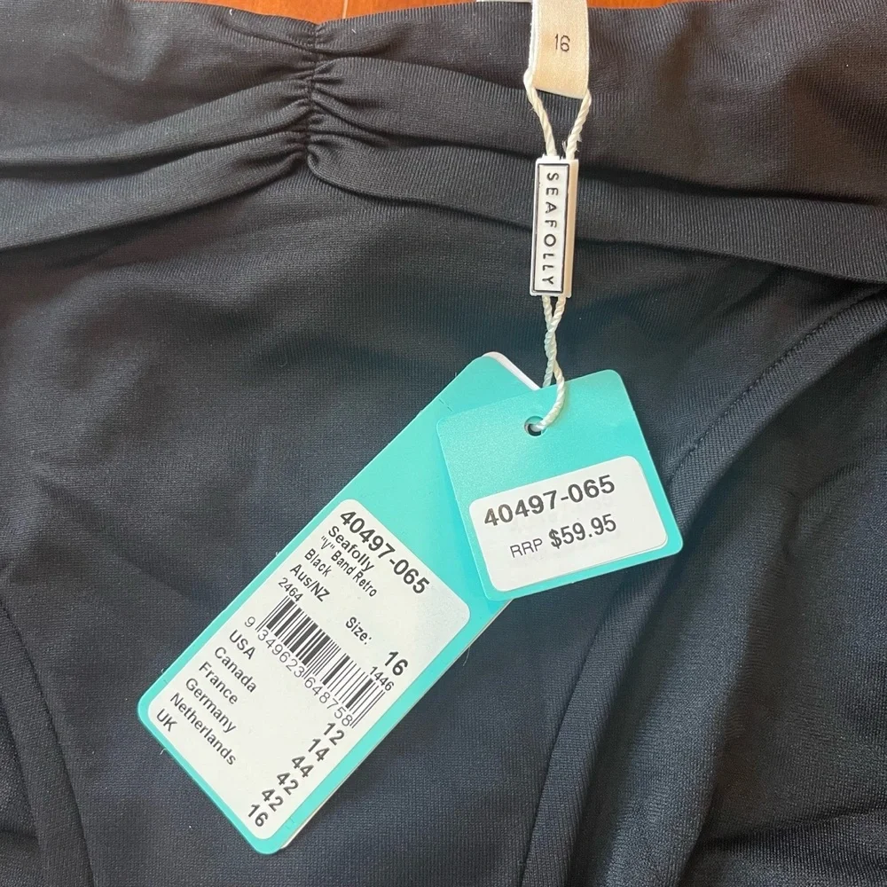 New NWT Seafolly‎ Australia Black Bikini Bottom Ruched Swim Retro Size US 12